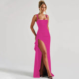 Aria | Elegantes Slip-Maxikleid mit offenem Rücken – Himbeerrot