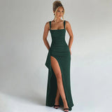 Aria | Elegantes Slip-Maxikleid mit offenem Rücken – Dunkelgrün