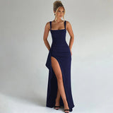 Aria | Elegantes Slip-Maxikleid mit offenem Rücken – Marineblau