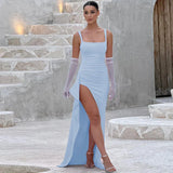 Aria | Elegantes Slip-Maxikleid mit offenem Rücken – Blau
