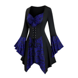 Damen Gothic Halloween-Kleid mit Spitze | Midi-Länge und Trompetenärmeln – Blau