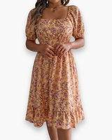 Damen Romantisches Shirred Midi Kleid | Blumenmuster – Gelb