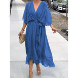 Damenkleid mit V-Ausschnitt | Stilvoller Seidenchiffon – Blau
