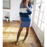 Damen nan gestreiftes Strickkleid mit figurbetonter Passform, geripptem Saum und langen Ärmeln Drune – Blau