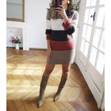 Damen nan gestreiftes Strickkleid mit figurbetonter Passform, geripptem Saum und langen Ärmeln Drune – Ziegelrot