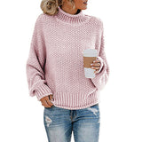 Damen nan Oversize Strickpullover mit Rollkragen, grobem Strukturstrick und Ballonärmeln Drune – Rosa