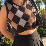 Damen nan ärmellose kurze Strickweste mit Rautenmuster und V-Ausschnitt Drune – Braun Nr.7