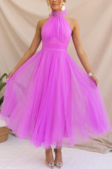 Elegantes Tüllkleid – Halterneck Midikleid mit A-Linie & Schleierkragen – Dunkelrosa
