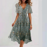 Laika - Geblümtes Midi-Sommerkleid aus Chiffon – Dunkelgrün