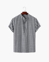 Charles | Gestreiftes Herren-Sommer Leinenhemd mit Stehkragen – Grau