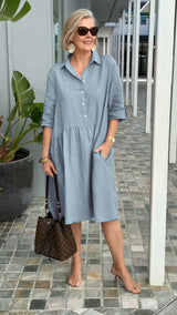 Amelia - Baumwoll-Leinen Freizeitkleid – Grau