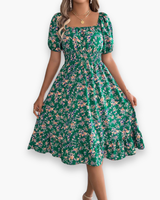 Damen Romantisches Shirred Midi Kleid | Blumenmuster – Grün