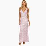 Spitzen-Maxikleid - Damen Stil mit V-Ausschnitt und Eleganz – Rosa