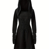 Damen Halloween-Kleid mit Kapuze | Schnürung & Asymmetrischer Saum – Schwarz
