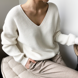 Chunky V-Ausschnitt Strickpullover – Weiß