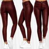 Damen nan highwaist vegane Lederleggings mit hoher Elastizität und Five-Pocket-Optik Drune – Weinrot