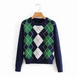 Damen nan Argyle Strickpullover mit Rundhalsausschnitt und geripptem Bund Drune – Dunkelblau-Grün kariert