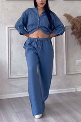 Leinen-Set für Frauen - luftige Bluse & weite Hose – Blau