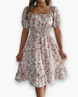 Damen Romantisches Shirred Midi Kleid | Blumenmuster – Weiß