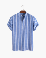 Charles | Gestreiftes Herren-Sommer Leinenhemd mit Stehkragen – Blau