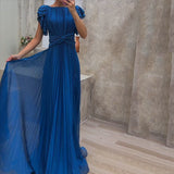 Elisa - Elegantes plissiertes langes Maxikleid in Dunkelblau – Blau