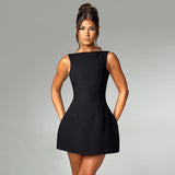 Ärmelloses A-Linien Minikleid mit elegantem Rundhalsausschnitt – Schwarz
