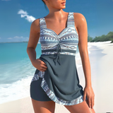 Aztekenmuster Raffung Tankini Badekleid – Grau