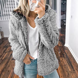 Damen nan kuschelige Teddy-Fleece Übergangsjacke mit Kapuze und Reißverschluss Drune – Grau