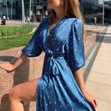 Dalia - Midikleid mit gepunktetem Gürtel – Blau