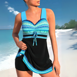 Aztekenmuster Raffung Tankini Badekleid – Blau