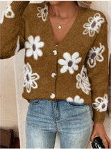 Daisy - Strickjacke mit Blumenmuster und Gänseblümchen – Kaffee