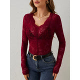 Patricia - Elegantes Damentop mit floralem Muster – Dunkelrot