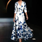 Vivian - Bedrucktes Maxikleid mit V-Ausschnitt – Blau