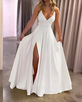 Fließendes Maxikleid mit V-Ausschnitt und Schlitz – Weiß
