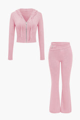 Ava | Strick-Set mit Kapuzenjacke & Schlaghose – Rosa