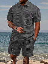 Niall - Strukturiertes Set aus Poloshirt und Shorts – Dunkelgrau