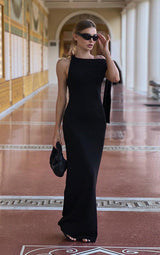 Lya | Langes Asymmetrisches Kleid mit geknüllter Schulter – Schwarz