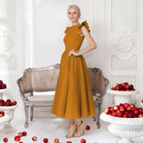 Scarlett - Gerafftes Midi Partykleid in leuchtendem Rot – Gelb-orange