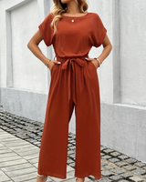 Damen Jumpsuit Mit Gürtel & Weitem Bein | Kurzarm – Mandarinenrot