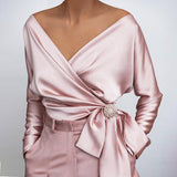 Juliet - Satin Crossover Bluse mit Schleife – Rosa