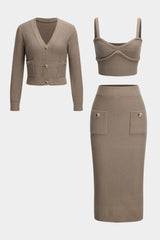 Christin | Stilvolles Strick-Dreiteiler-Set mit Cardigan, Crop-Top & Bleistiftrock – Taupe