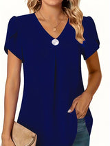 Thilakshi - Kurzärmelige Bluse Mit Rüschen Und Einem Knopf – Blau
