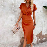 Damen Midikleid Viskose Wickeldesign elegant für Sommer – Orange