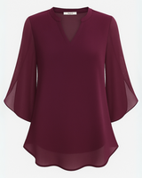 Damen Elegante V-Ausschnitt Bluse | 3/4 Ärmel – Burgund