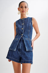 Dunkelblaues Damen-Jeanshemd – Langarm Button-Up Bluse – BLAU