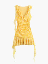 Damen Blumen Ärmellose Mini Gelbe Kleid – Gelb