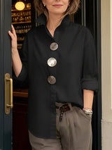 Shalani - Elegante Bluse Aus Leinen Und Baumwolle Mit Metallknöpfen – Schwarz