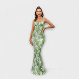 Thalia - Floral Print Prom Dress with Tied Shoulder Straps – Grün