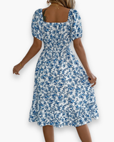 Damen Romantisches Shirred Midi Kleid | Blumenmuster – Blau