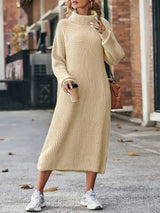 Damen Strickkleid Rollkragen | Langarm und Midi-Länge – Beige